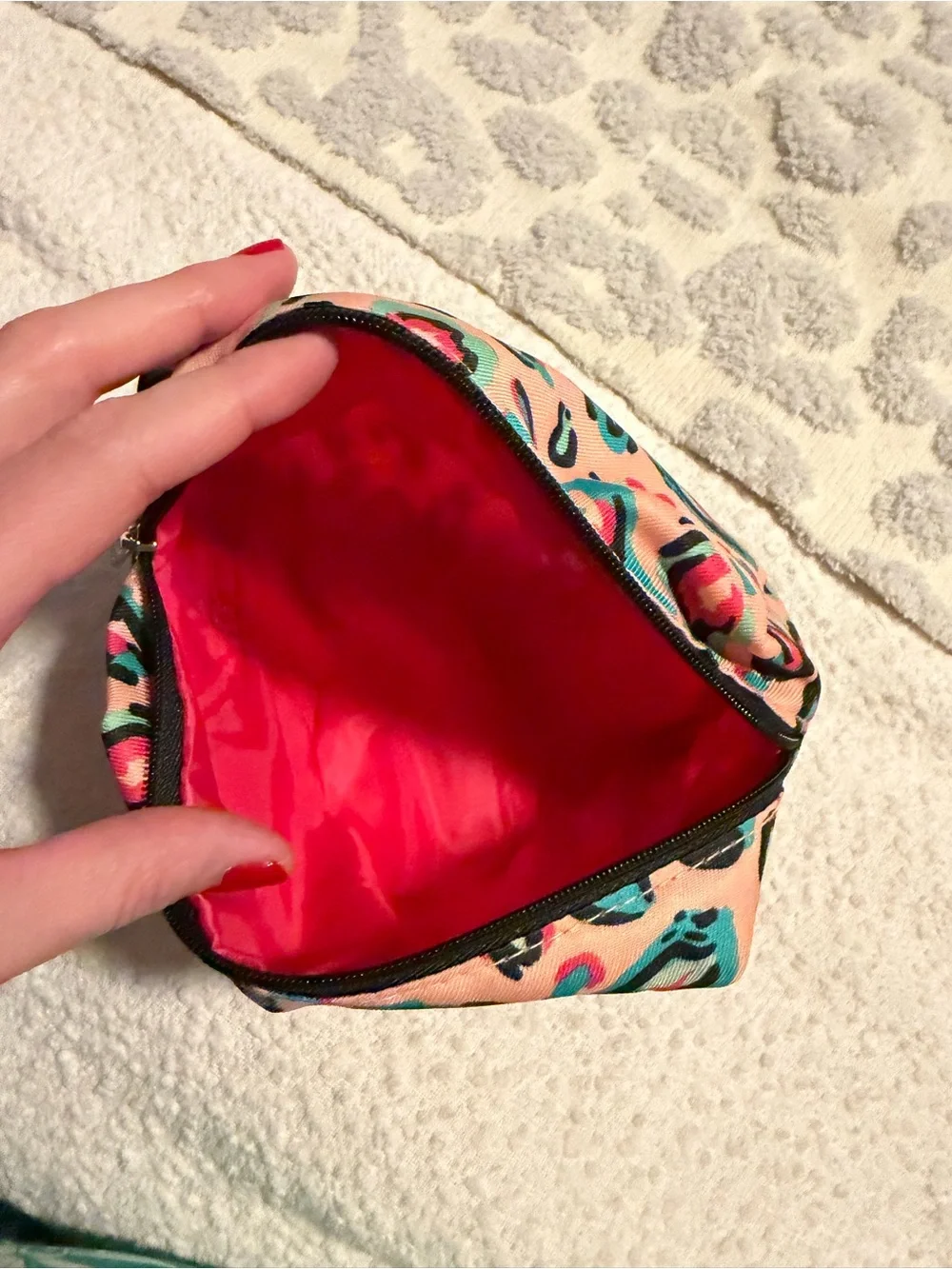 Peach Leopard Print Cosmetic Bag with Teal & Pink Accents